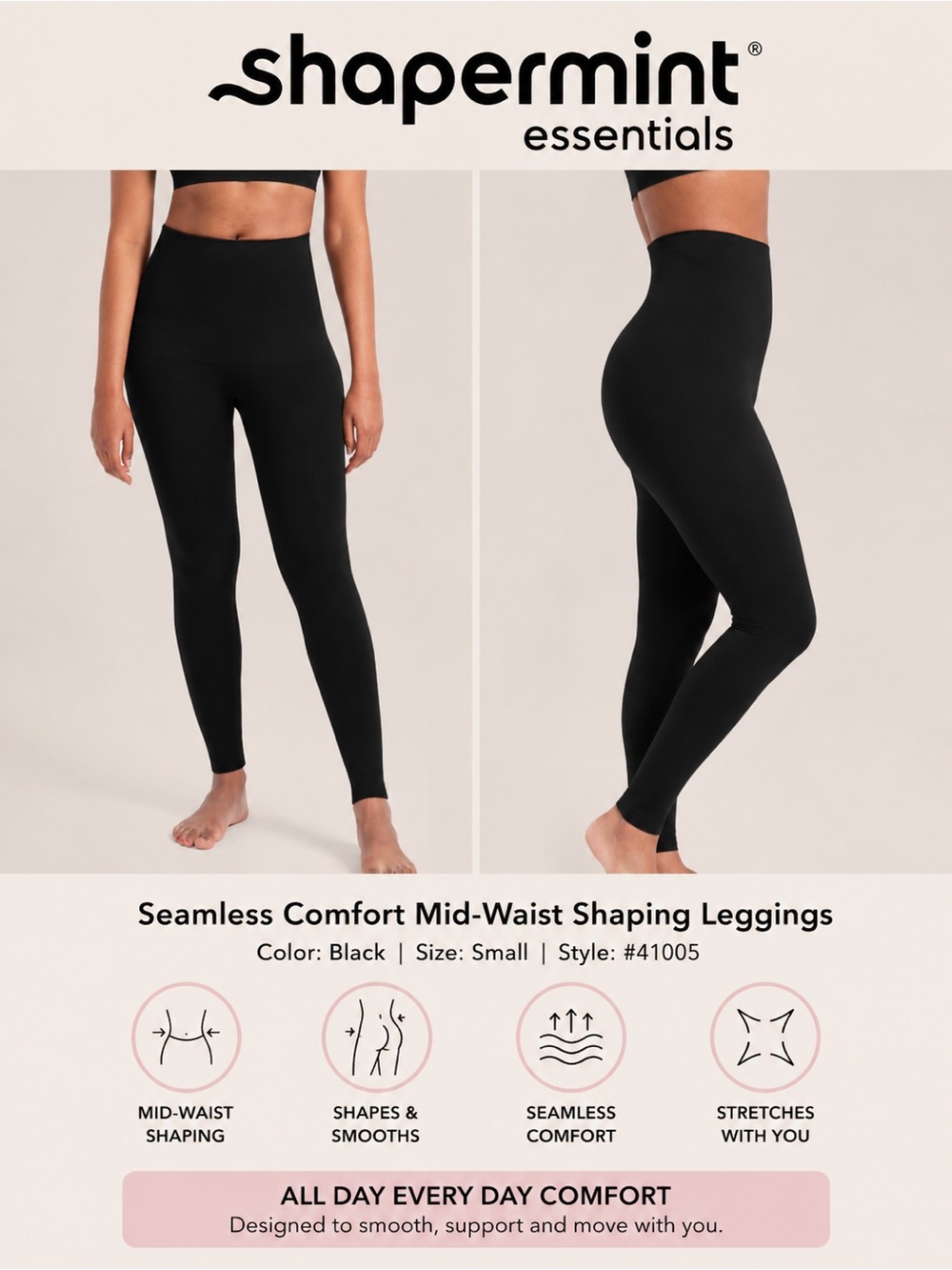 Shapermint Essentials Seamless Comfort MidWaist Shaping Leggings Black Small NEW
